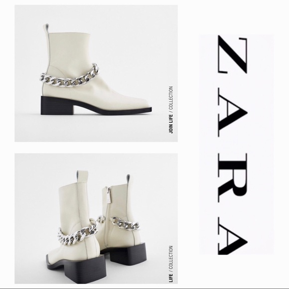 Zara Shoes - ZARA CHAIN TRIM LOW HEEL LEATHER ANKLE BOOTS